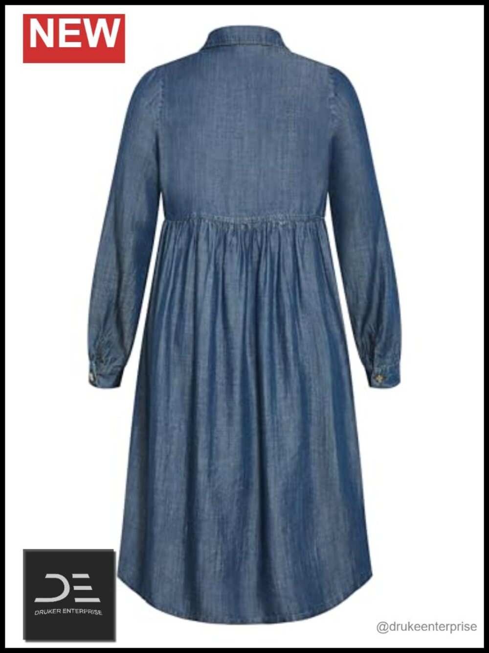 Plus Size Fit & Flare Denim Dress with Collared Neck, Long Sleeve, Side Pockets - Picture 3 of 3